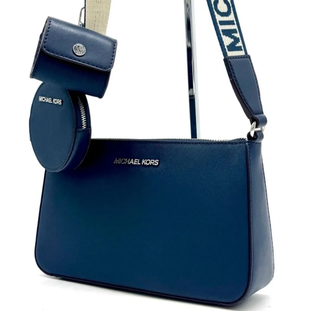 Michael Kors Small Leather Crossbody Bag w Case for Apple Airpods Pro® Navy - Picture 2 of 11